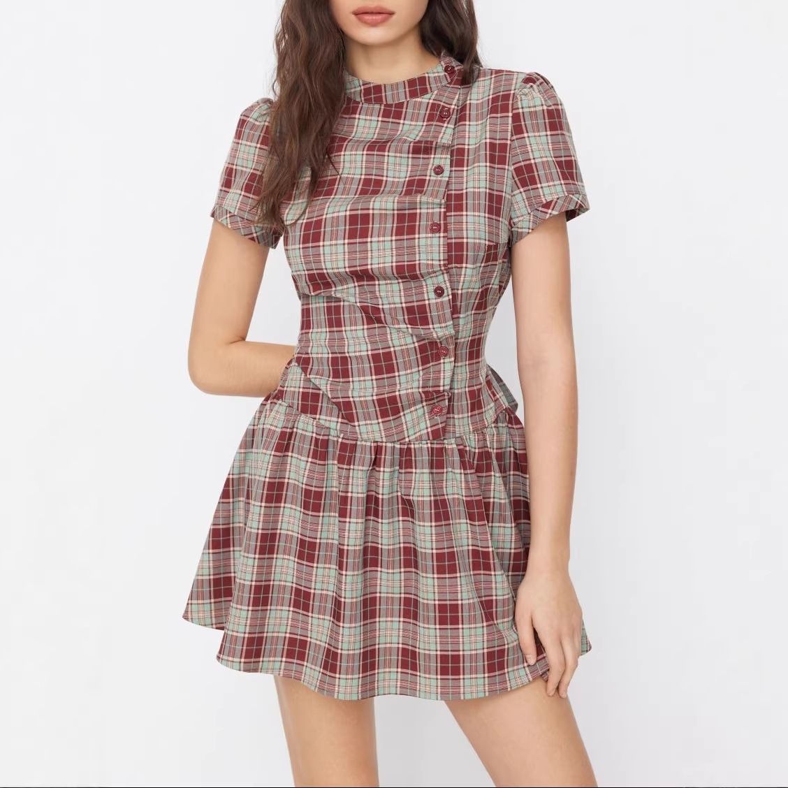 Korean Retro Color Block Plaid Stand Collar Women's Dress Fitted Waist Tie Puff Sleeve Slimming Versatile Dress for Summer_ecoleips.com