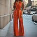Women's Clothing Sleeveless Jumpsuit, V-Neck Wide Leg Romper In Vibrant Orange For Casual Outings_ecoleips.com