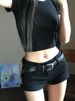 2025s Elastic High Waist Slimming Black Jeans Tight Shorts Straight Wide Leg Hot Pants Women Summer 2025 New Style_ecoleips.com