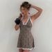 Women Trendy Hot‑Girl Mini Dress, Halter Neck Design, Open‑Back Style, Leopard Print Pattern, Delicate Lace Patchwork Detail_ecoleips.com