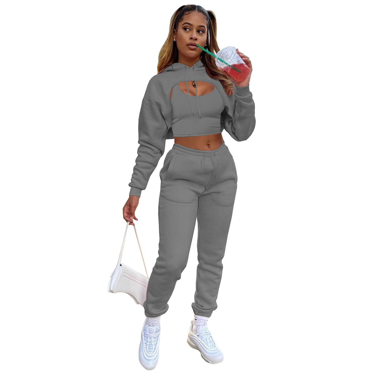 Women's Fashion Three Piece Set Velvet Drawstring Hoodie With Cotton Vest And Jogging Pants_ecoleips.com