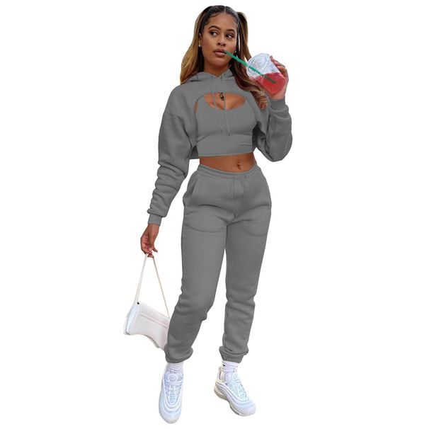 Women's Fashion Three Piece Set Velvet Drawstring Hoodie With Cotton Vest And Jogging Pants_ecoleips.com