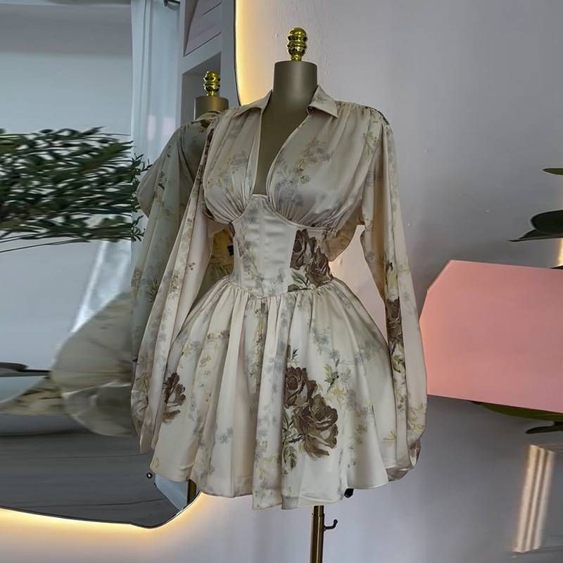 Women's Clothing Spring Elegant Printed V Neck Lantern Sleeve High Waist Dress Short Skirt_ecoleips.com