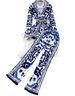 Women's Clothing Fashionable Suits With Collars Waist Ties Celadon Printed Tops Two Piece Suits High Waisted Wide Leg Pants_ecoleips.com