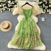 Women's Clothing Tea Break Retro Gentle Style Floral Chiffon Dress Female Waist Temperament One Shoulder Puff Sleeve Mesh Skirt_ecoleips.com