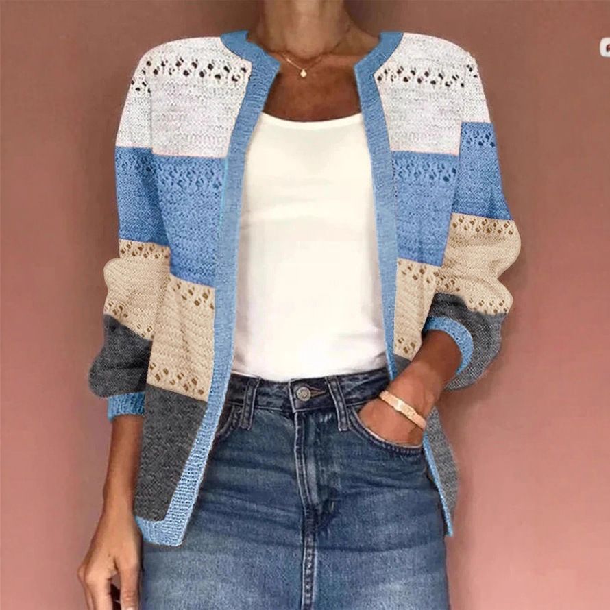 Women's Clothing Oversized Color-Block Cardigan – Breathable Acrylic Knit, Long-Sleeve Open Front Sweater For Women (Light Blue, XXS-XXL)_ecoleips.com