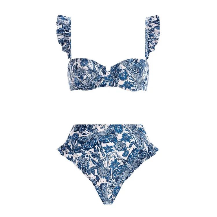 Women's Blue Dragonfly Ruffled Swimsuit With Detachable Umbrella Skirt_ecoleips.com