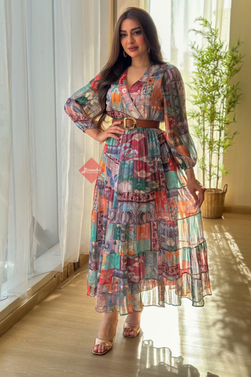 Women's Clothing Sexy Chiffon Printed Large Swing Belt Ball Party Evening Dress_ecoleips.com