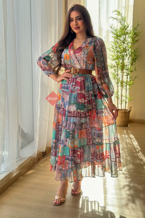 Women's Clothing Sexy Chiffon Printed Large Swing Belt Ball Party Evening Dress_ecoleips.com