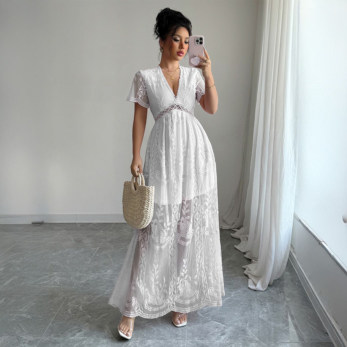 Women’s Clothing Temperament Elegant Lace Hollow Short Sleeved Long Dress Women's Clothing Spring And Summer_ecoleips.com