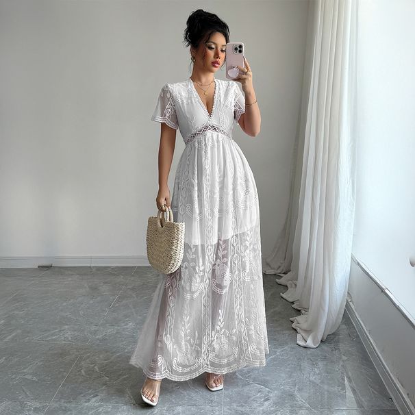 Women’s Clothing Temperament Elegant Lace Hollow Short Sleeved Long Dress Women's Clothing Spring And Summer_ecoleips.com