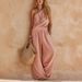 Summer Vacation Style Women's Off-Shoulder Casual Suit Solid Color High-Waisted Cotton Linen Wide-Leg Pants Set_ecoleips.com