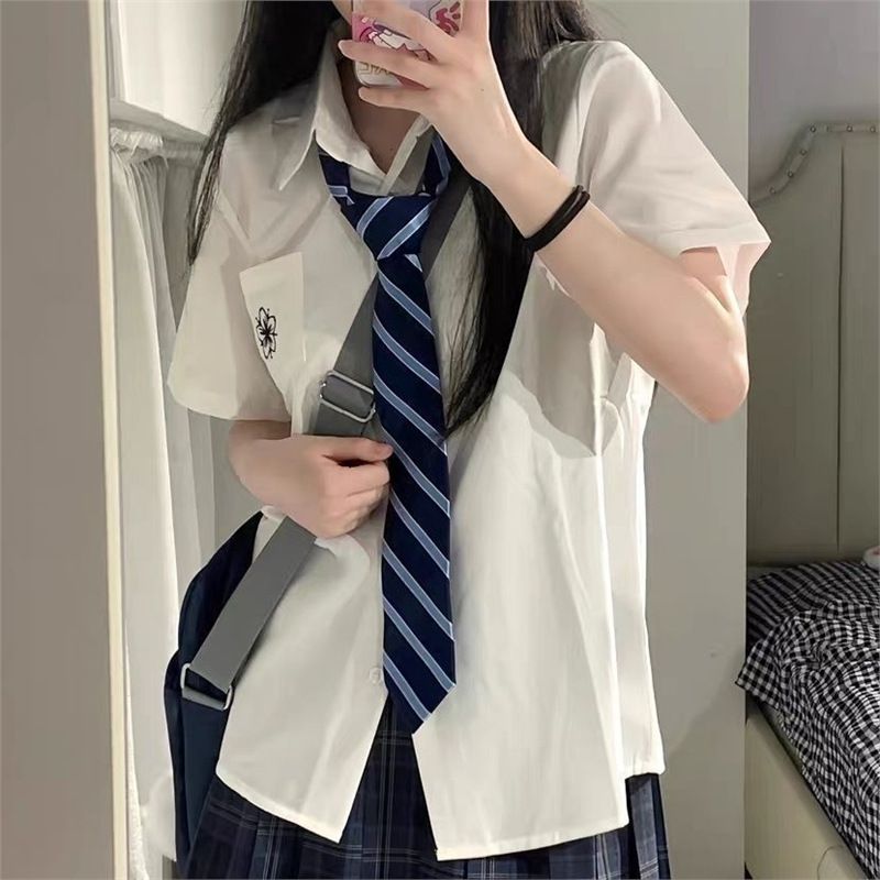 Basic Style College JK Uniform Short Sleeved Shirt Women's Loose Top School Feel Versatile White Embroidered_ecoleips.com