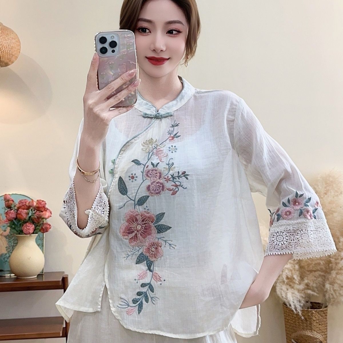 2026 Spring/Summer New Chinese‑Style Embroidered Traditional Knot‑Button Mid‑Sleeve Short‑Sleeve Cotton‑Linen Top For Wo_ecoleips.com