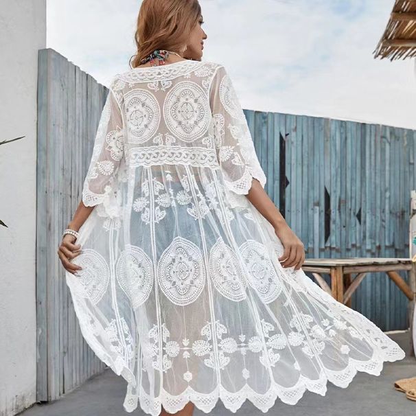 Women's Sheer Mesh Beach Cover-Up – Sexy Lace Kimono, Bikini Wrap, Sun Protection & Resort Wear (White/Black/Black-White)_ecoleips.com