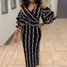 2027 Spring Autumn Fashion European-USA Style Women Polyester Sexy V-Neck Mid Waist Striped Vent Long Sleeve Sheath Pencil Dress S-2XL_ecoleips.com