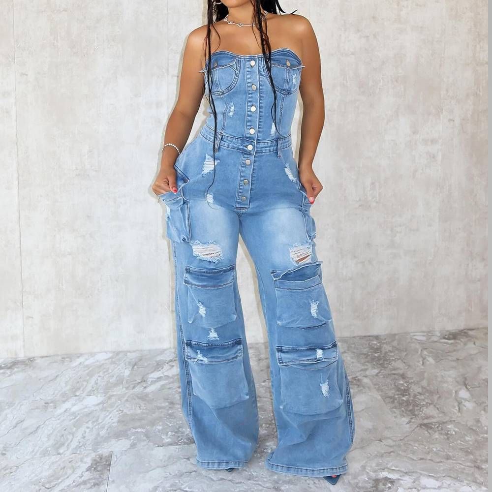 Women's Clothing Casual Fashion Tube Top Women's Slim Denim Jumpsuit Overalls_ecoleips.com