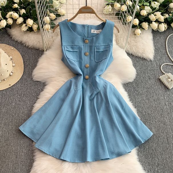 Women's Clothing Celebrity High End Metal Button Sleeveless Vest Dress For Women Summer Waist Slimming Big Swing Denim Skirt_ecoleips.com