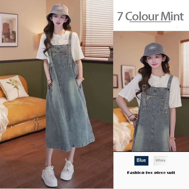 Summer New Hong Kong Petite Loose Casual European Style Minimalist Denim Jumpsuit Maternity Strap Dress_ecoleips.com