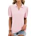 Women's Oversized V-Neck Polo Shirt Puff Sleeves Summer Knit Top Breathable Cotton Blend_ecoleips.com