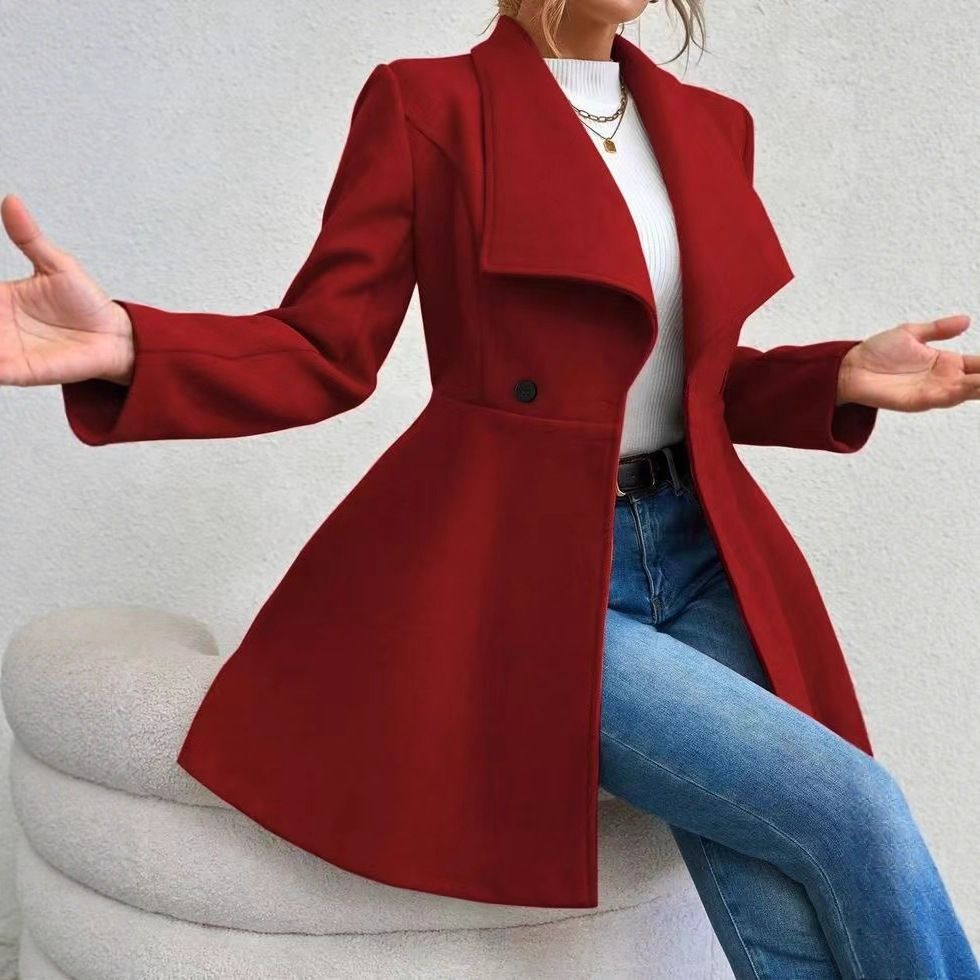Women's Slim Long Woolen Coat Fashionable Lapel European And American Style Autumn Winter Outerwear_ecoleips.com