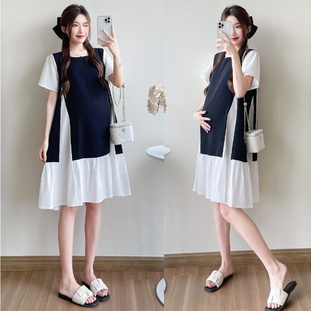Summer New Korean Fashion Round Neck Black And White Color Block Short Sleeve Loose Maternity Dress_ecoleips.com