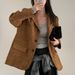 Korean Chic Blazer – French Vintage Single-Breasted Suit Jacket For Women (Oversized Fit, Mid-Length, Faux Suede With Pockets)_ecoleips.com