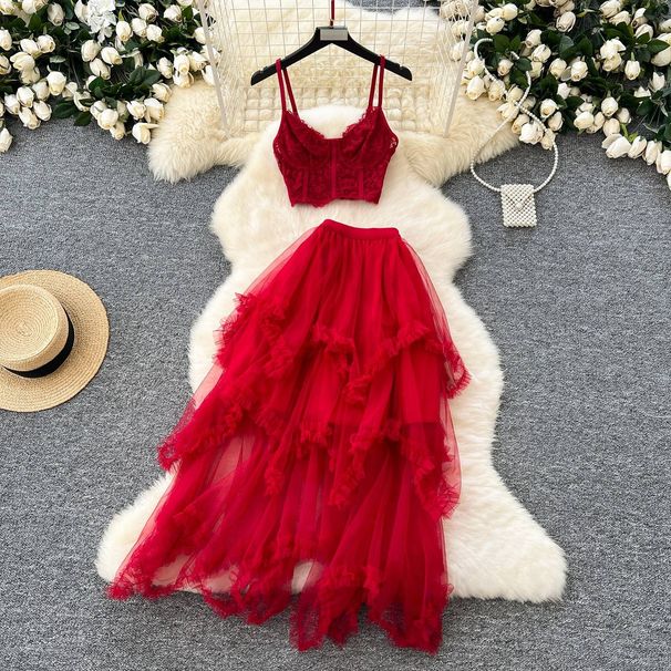 Elegant Lace Camisole Top With High-Waisted Mesh Skirt Set – Trendy Two-Piece Outfit For Women_ecoleips.com