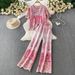 Women's Two Piece Set Round Neck Top With Gradient Pink Embroidered Pearl Buttons Loose Wide Leg Pants Gentle Feminine_ecoleips.com