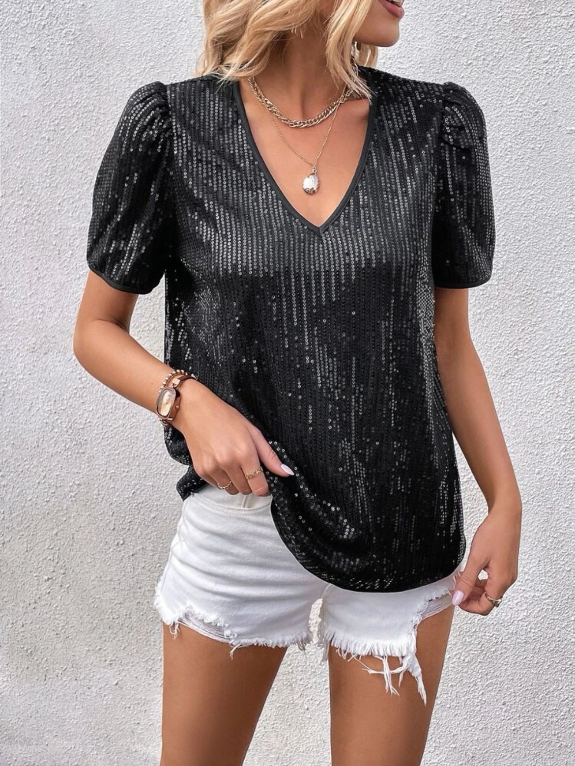 Women's Glitter T-Shirt V-Neck Short Sleeve Loose Fit Casual Blouse Solid Color Party Night out Top_ecoleips.com