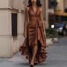 Elegant V-Neck Asymmetrical Dress With Flounce Hem – Breathable Stretch Polyester Midi Dress (XS-XXXL, 8 Colors)_ecoleips.com