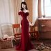 Light Luxury Wine Red Toast 2026 New Off-Shoulder Mermaid Dress Elegant Bride Wedding Evening Gown For Women_ecoleips.com