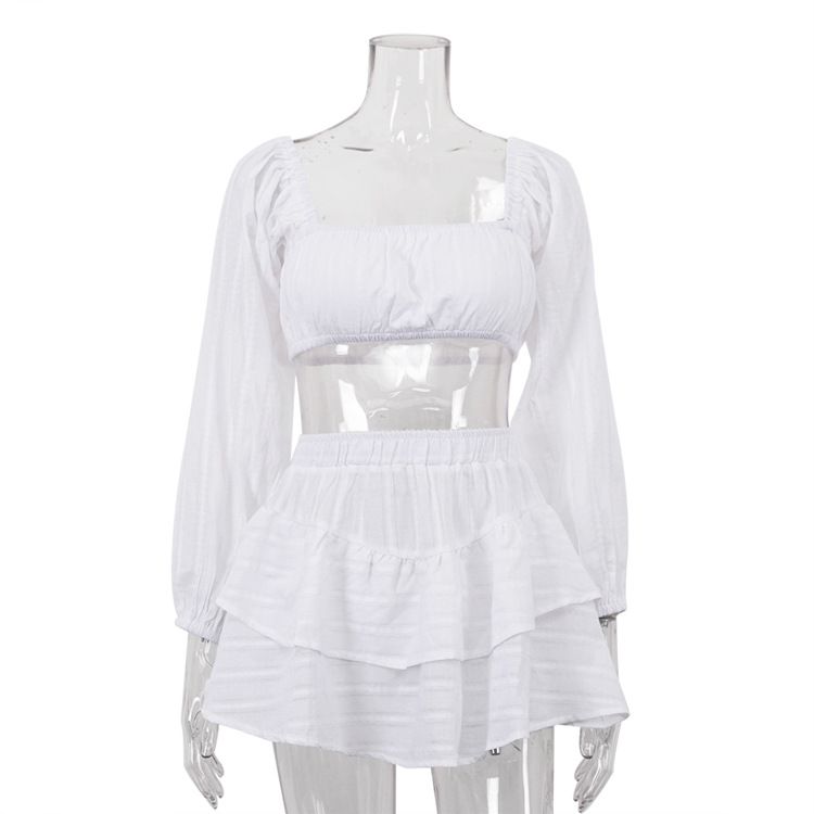Women's Clothing Sexy Square Neck Strapless Crop Top And Hot Girl Set High Waisted Cake Skirt Two Piece Ensemble_ecoleips.com