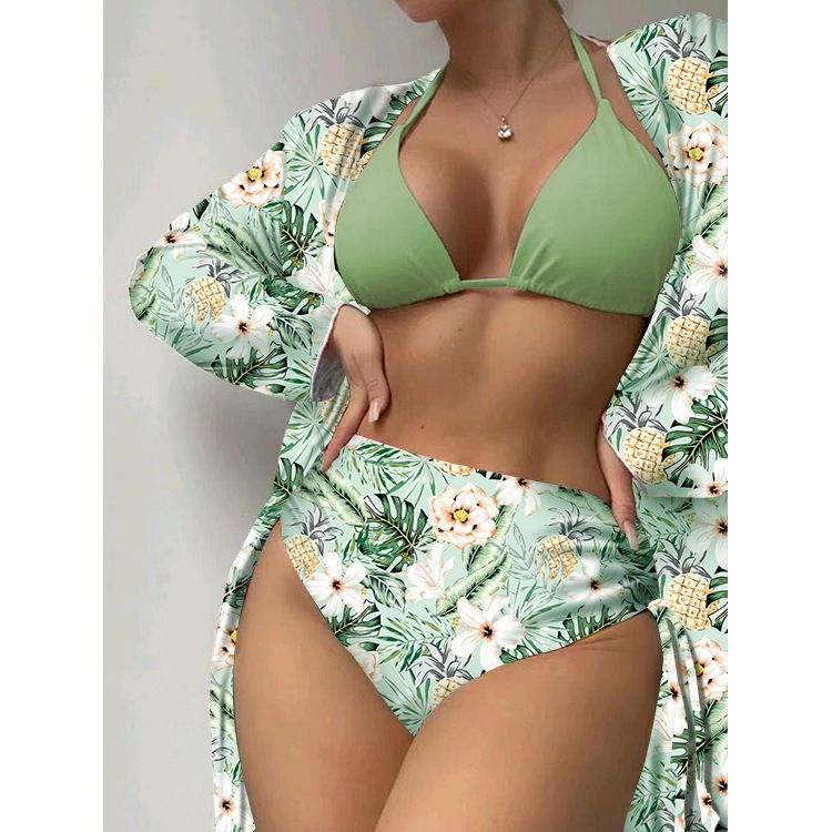 Women's Clothing New Bikini Three Piece Swimsuit High Waisted Printed Long Sleeved Cover Up Bikini_ecoleips.com