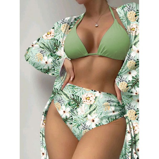 Women's Clothing New Bikini Three Piece Swimsuit High Waisted Printed Long Sleeved Cover Up Bikini_ecoleips.com