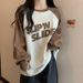 European American Style Color-blocked Long-sleeve T-shirt For Women, New Early Spring And Autumn Collection, Plus-size_ecoleips.com