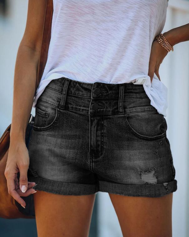 Women's High-Waisted Denim Shorts, Distressed Frayed Hem Raw Edge Shorts, High Stretch Comfort Straight Leg Shorts For Women_ecoleips.com