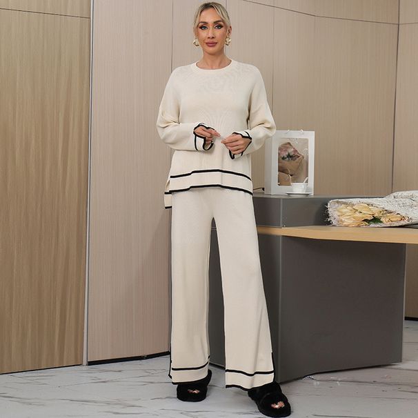 Women's Solid Color Winter Outfit Set: Colorful Collared Knit Sweater With High Waist And Wide Leg Pants_ecoleips.com