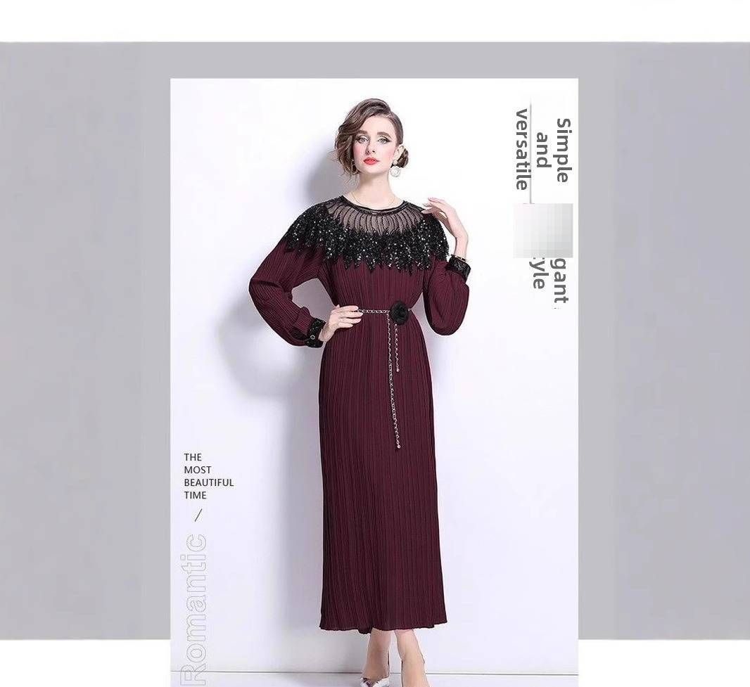 "Elegant Beaded Evening Dress – Lantern Sleeves & Pleated Skirt For Special Occasions (One Size)"_ecoleips.com