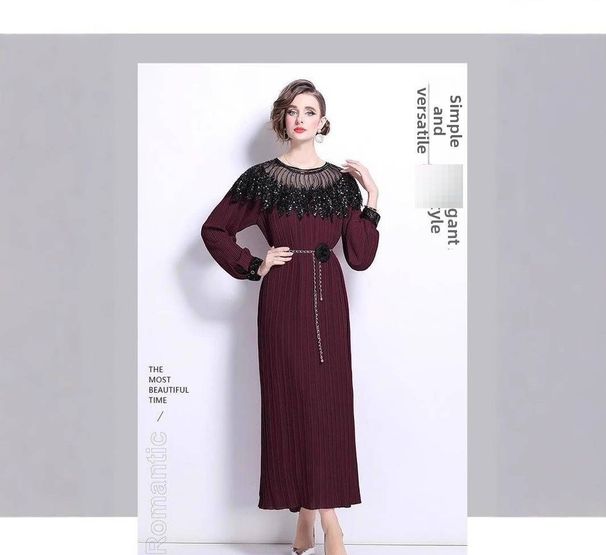 "Elegant Beaded Evening Dress – Lantern Sleeves & Pleated Skirt For Special Occasions (One Size)"_ecoleips.com