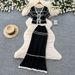 Women's Korean Style Workwear Knit Two Piece Set Summer V Neck Tie Waist Slim Fit White Color Block Stripes_ecoleips.com