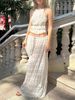 Women’s Spring Summer Chiffon Two-Piece Fitted Set, Multi-Layer Ruffle Lace Trim Cami Top With Open Back, Romantic Elegant Matching Outfit_ecoleips.com