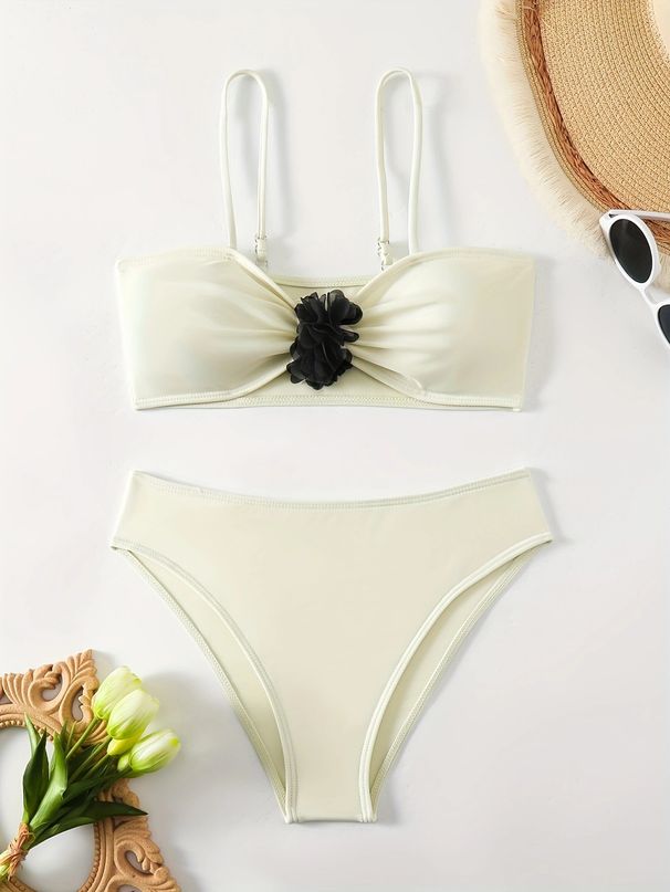 Elegant Floral Bikini Set – Solid Color & 3D Floral Accents (Stylish & Comfortable For Beach & Pool)_ecoleips.com