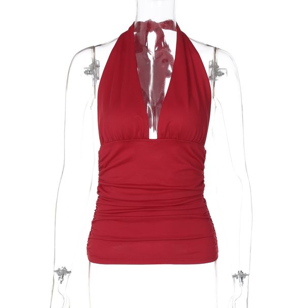 European And American INS Style 2025 Summer New Fashion Versatile Solid Color Halter V-Neck Backless Slim Fit Camisole_ecoleips.com