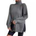 Chunky Knit Sweater Women High Neck Long Sleeve Split Hem Pullover Winter Casual Comfortable Tops_ecoleips.com