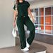 Women's Casual Solid Color Short Sleeve Top With High Waist Straight Leg Pants Set - Breathable Polyester Two-Piece Outfit For Spring Summer Fall_ecoleips.com