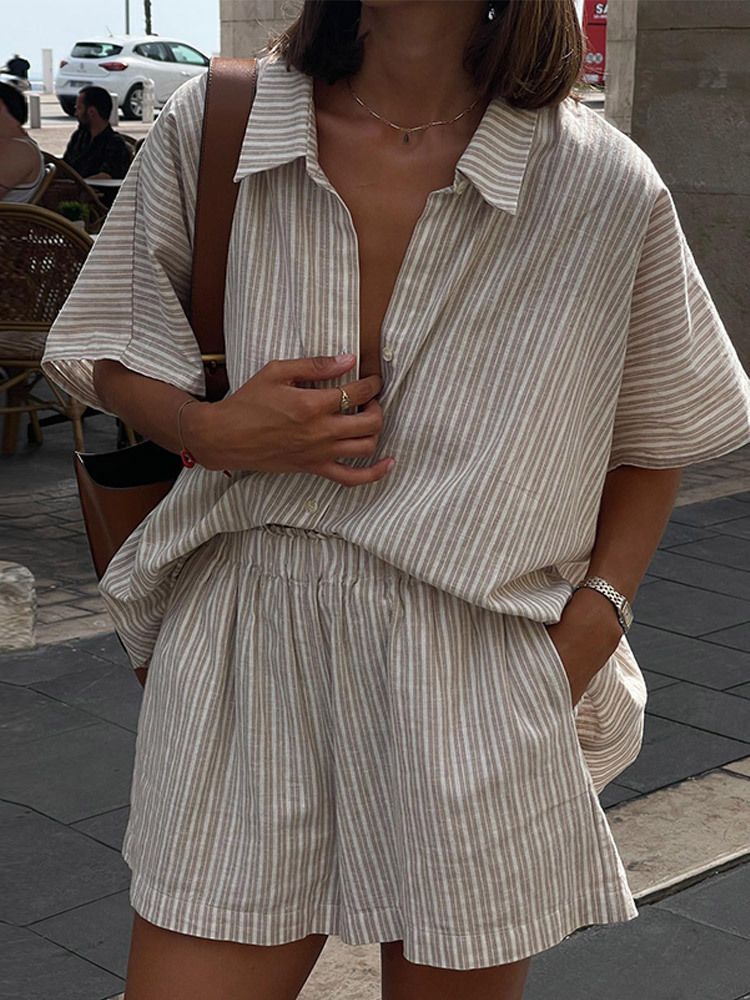 Women's Clothing Striped Short Sleeved Shirt And Shorts Suit Loose Single Breasted Top High Waist Shorts Two Piece Suit_ecoleips.com