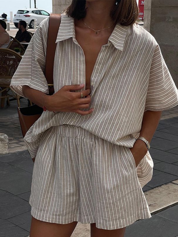 Women's Clothing Striped Shirt Shorts Suit Fashionable Comfortable Casual Loose Retro And Versatile Sets_ecoleips.com