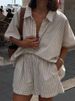 Women's Clothing Striped Short Sleeved Shirt And Shorts Suit Loose Single Breasted Top High Waist Shorts Two Piece Suit_ecoleips.com