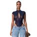 Elegant Mesh Bodysuit With Metallic Buckles - Sexy Sheer One-Piece For Women, Stretchy & Breathable Summer Fashion_ecoleips.com